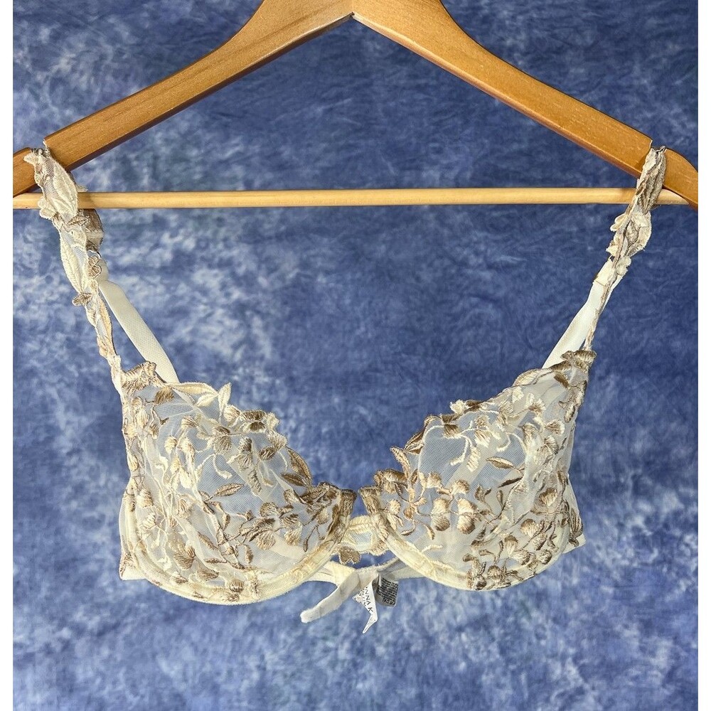 Donna Karen Intimates Bra 36D Underwire Sheer Lace Leaf Botantical Cream Beige